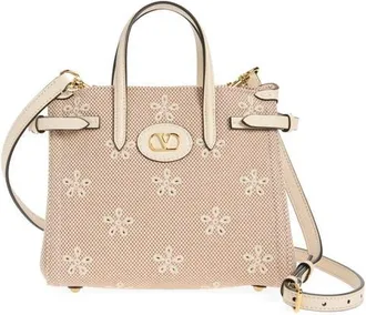Valentino Garavani Small Antibes Flower Embroidered Eyelet Canvas Tote in Natural at Nordstrom