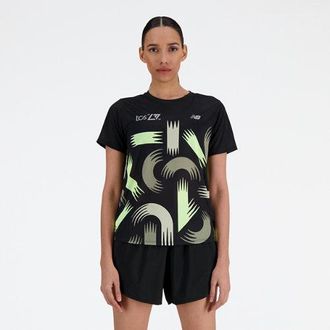 New Balance Womens London Edition Printed NB Athletics Short Sleeve in Black Poly Knit, size X-Large