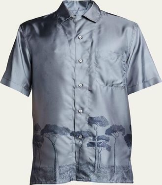 Brioni Mens Roman Tree-Print Silk Camp Shirt