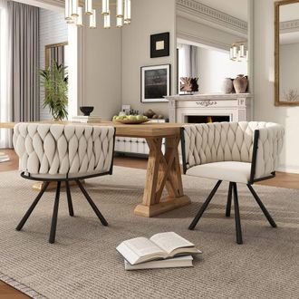 Merax Set of 2 Velvet Swivel Dining Chair with Metal Legs in Beige