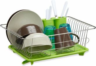 Relaxdays Relaxdays Scolapiatti, Acciaio con Vaschetta in Plastica, Scolaposate, Scolo, HLP: 15,5 x 40 x 30 cm, Argento, Verde Chiaro, 1 pz