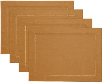 Solino Home Linen Placemats Set of 4, 14 x 19 Inch for Dining Table, Holiday and Everyday Table Decor - Classic Hemstitch in Brown Sugar at