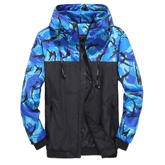 Generic Mens Casual Print Patchwork Hooded Coat with Drawstring Waist and Zippered Pockets Loose Fit Long Sleeve Windbreaker Jacket for Outdoor Wear Trench Co