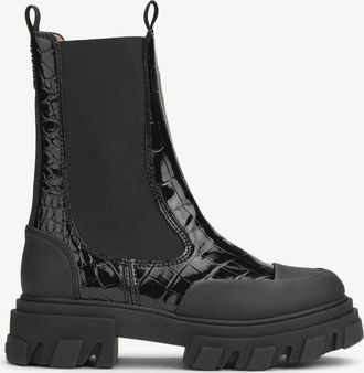 Ganni Black Patent Croco Chelsea Boot