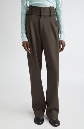 Monse Double Waistband Pleated Virgin Wool Trousers in Olive Brown at Nordstrom, Size 10