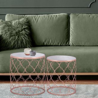 WOMO-DESIGN Womo-design - Mesa De Centro 2x &Oslash;40 / &Oslash;45 Cm Con Tapa De M&aacute;rmol Insertada Y Marco De Metal Cobre Tablero Redondo Color Blanco Decorativa Mesita Auxili