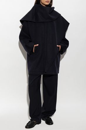Bottega Veneta Wool Coat With Detachable Scarf, Womens, Navy Blue