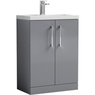 Nuie Arno Compact Floor Standing 2-Door Vanity Unit with Polymarble Basin 600mm Wide - Satin Grey - Nuie