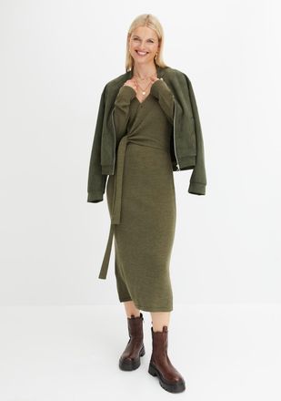 Bonprix Strickkleid BONPRIX Midi-Strickkleid, Damen, Gr. 52/54 (XXL), N-Gr, gr&uuml;n (dunkeloliv meliert), Obermaterial: 90% Polyacryl, 10% Polyester, slim fit, V