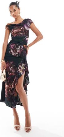 Asos cowl neck bardot ruffle midi dress in dark floral print-Multi