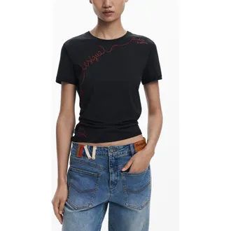 Desigual Embroidered Stretch Cotton T-Shirt in Black at Nordstrom, Size Medium