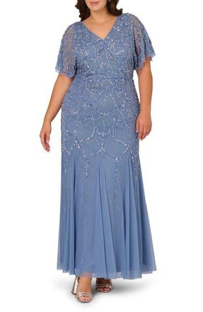Adrianna Papell Beaded Mesh Gown in French Blue at Nordstrom, Size 18W