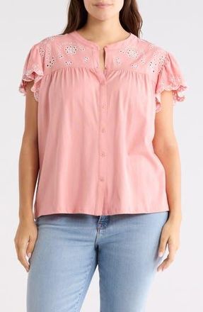 Chelsea & Theodore Eyelet Embroidery Flutter Sleeve Top in Rosette/White at Nordstrom Rack, Size 3 X
