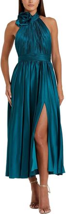 Mac Duggal Pleated Charmeuse High Neck Midi Dress