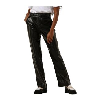 Simple Wijde Leatherlook Broek - Dames - Straight fit broeken - Zwart - M - Polyester - Broeken