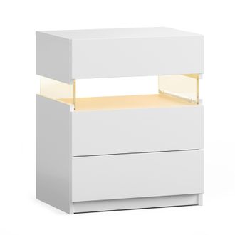 STILVORA Mesita De Noche Con 3 Cajones Y Led Rgb, Panel Acrilico, Para Dormitorio Y Salon, En Madera De Ingenieria, Blanco