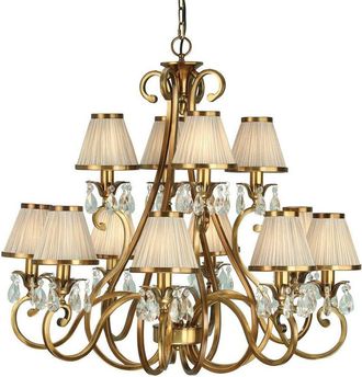 Loops Esher Ceiling Pendant Chandelier Brass Crystal & Beige Shades 12 Lamp Light