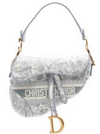 Dior Borsa a spalla Saddle in tela con ricamo Toile de Jouy 2021 - Grigio
