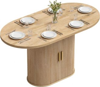 HOMCOM Homcom Mesa De Comedor Ovalada Para 6 Personas Con Tablero Grueso, Puertas Correderas Tipo Persiana, 6 Compartimentos, 140x70x75 Cm, Roble