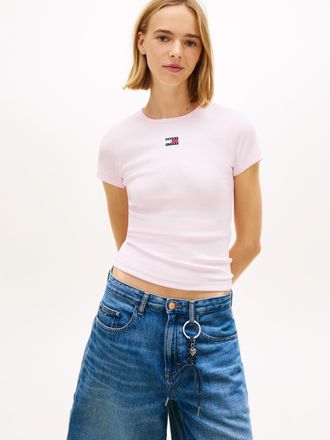 Tommy Jeans Kurzarmshirt TOMMY JEANS TJW SLIM BADGE RIB TEE, Damen, Gr. XL (42), pearly pink, Single Jersey, Obermaterial: 95% Baumwolle, 5% Elasthan, unifarben, 