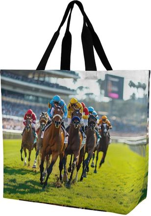 Generic Horse Racing Sports Tote Bag Reusable Grocery Shopping Bags Large Travel One Shoulder Handbag for Picnic Work