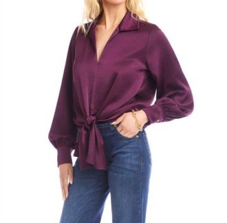 Karen Kane Satin Tie Front Top In Eggplant