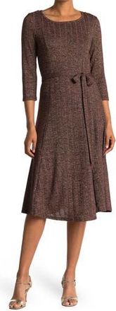 Nina Leonard Three-Quarter Sleeve A-Line Metallic Ribbed Midi Dress in Wine/gold at Nordstrom Rack, Size Medium