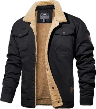 Generic Mens Jacket Lined Sherpa Jackets Coats Multi Pocket Cargo Lapel Parkas Work Jackets Black XL