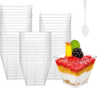 OEM Juego De 50 Vasos De Postre De 60 Ml De + 50 Cucharas, Cuadradas, Transparentes, Para Pud&iacute;n/helado/cumplea&ntilde;os