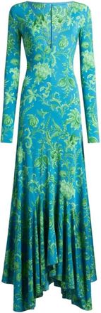 Etro Lange Stretch Jersey Jurk met Bloemmotief - Dames - Avondkleed - Blauw - S - Leer - Kleedjes