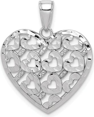 Diamond2Deal 14K White Gold Diamond-cut Heart Pattern On Heart Charm Pendant