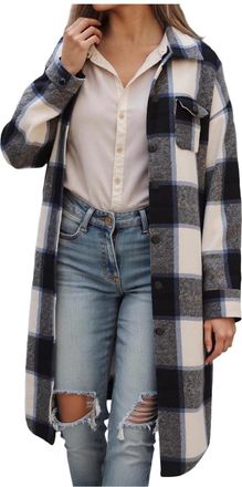 Generic Womens Plaid Shacket Jacket Long Corduroy Shirts Casual Lapel Button Down Flannel Trench Coats with Side Pockets Womens Flannel Checked Shirts Oversiz