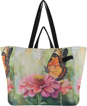 Generic Butterfly Pink Flower print Reusable Canvas Tote Bag, Heavy Duty Grocery Shopping Bag with Double Handles Large Capacity Hard Bottom Work Groceries Tr