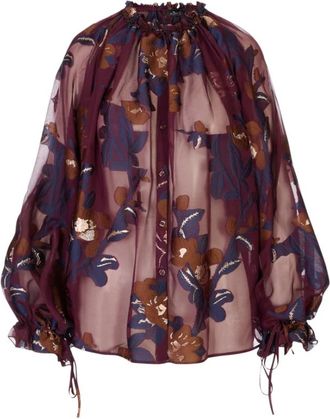 Etro Jacquard Blouse met Fil Coup&eacute; Bloemen - Dames - Blouses - Rood - M - Polyester - Overhemden