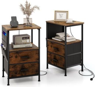 Costway Set of 2 Nightstand with Charging Station Industrial Bedside Table W/ 2 Drawers