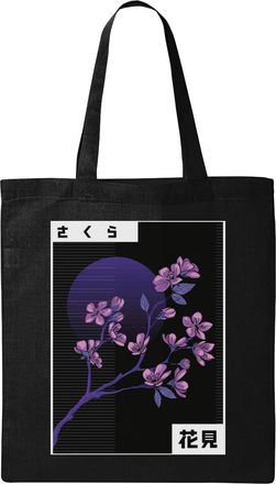 Generic Vaporwave Aesthetic Japan Cherry Tree Neon Night Natural Ecological Cotton Tote Bag Black