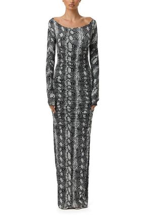 Naked Wardrobe Ruched Off the Shoulder Long Sleeve Maxi Dress in Grey Snakeskin at Nordstrom, Size X-Small