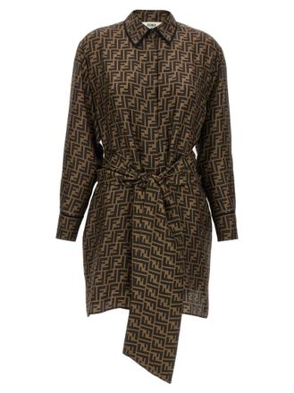 Fendi Brown Ff Motif Belted Shirt Dress