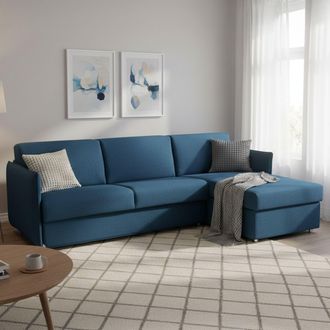 Dmora Sof&aacute; Cama Con Chaise Longue Sumirago, Desenfundable, Con Almacenaje Made In Italy, Repelente Al Agua, Multiposici&oacute;n, 260x160 Cm Azul