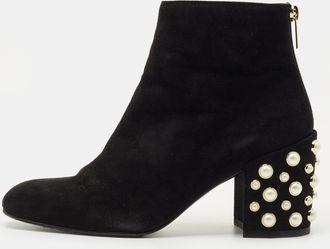 Stuart Weitzman Black Suede Faux Pearls Ankle Boots