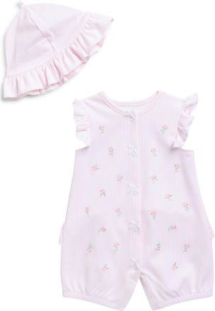 Little Me Embroidered Floral Romper & Hat Set in Pink at Nordstrom, Size 12M