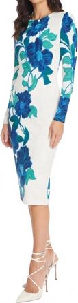 Maggy London Floral Print Long Sleeve Sheath Dress In White Cobalt