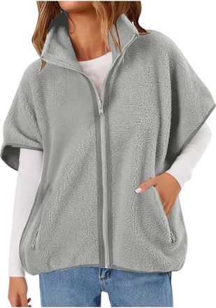 Generic Teddy Fleece Gilet for Women Body Warmers Vest Tops Solid Color Lightweight Cozy Gilets Stand Collar Sleeveless Zipper Waistcoat Coat with Pockets Fur