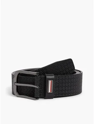 Tommy Hilfiger Mens Square Buckle Allover Flag Leather Belt - Black - 40