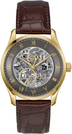 BOSS Principle Skeleton Automatic Leather Strap Watch, 41mm in Gray at Nordstrom