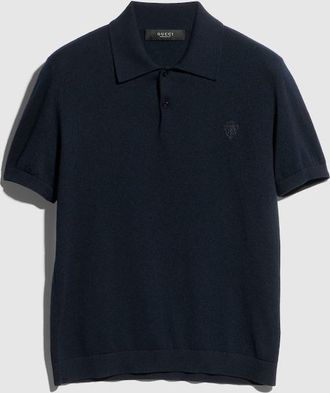 Gucci Knit Cashmere Polo Shirt With Embroidery, Size XXL, Blue