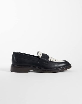 Noak Made In Portugal - Mocassini in pelle nera con dettaglio con moneta e grembiule in rafia-Nero