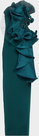 Badgley Mischka Satin Floral Strapless Column Gown