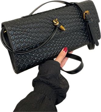Generic Woven Clutch Bag, Green, Faux Leather, Envelope Style with Gold Hardware and Handle (Black)