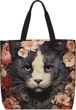 Generic Cat Wearing Flower Tote Bag Portable Carry Bag Large Capacity Tote Bags For Travel College Daily Use